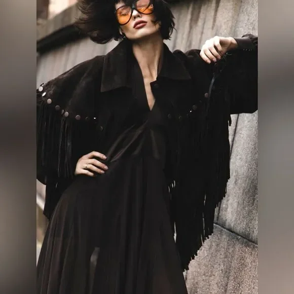 Lorena Saravia H&M Fringed Suede Cape Jacket ONE SIZE - Picture 3 of 15